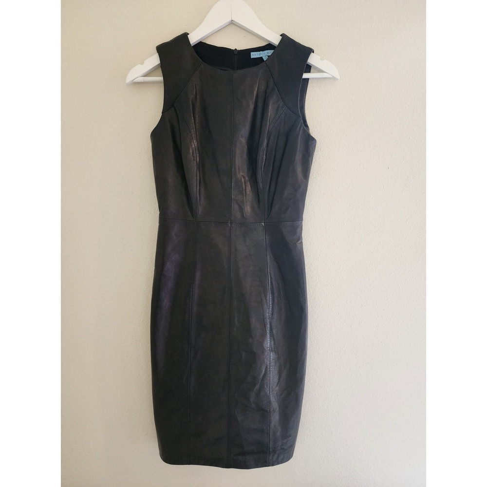Antonio Melani Black Genuine‎ Leather Mixed Media Sheath Dress Womens Size 0